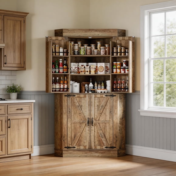 L-Shape Corner Pantry Cabinet, 71 inches Farmhouse Kitchen Storage with 4 Doors&Shelves,Freestanding Buffet Hutch with Side Rack for Dining Room/Living Room/Apartment