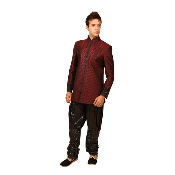 Saris and Things Sherwani Indo-Occidental Marron Moderne pour Hommes. Ce Produit Est Fait sur Commande.