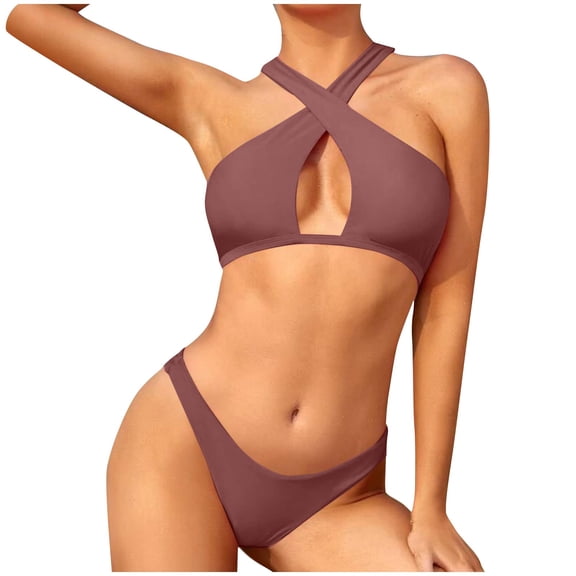 JSGEK Womens High Cut Bikini Set Solid Color Design Quick Dry Fabric Relaxed Silhouette for Summer Vacations Brown XL