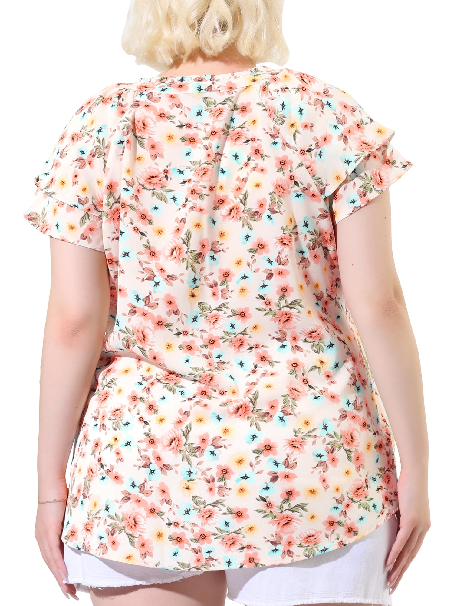 Unique Bargains Juniors' Plus Size Short Sleeve Floral Tiered Button Peplum Blouse 2X Pink