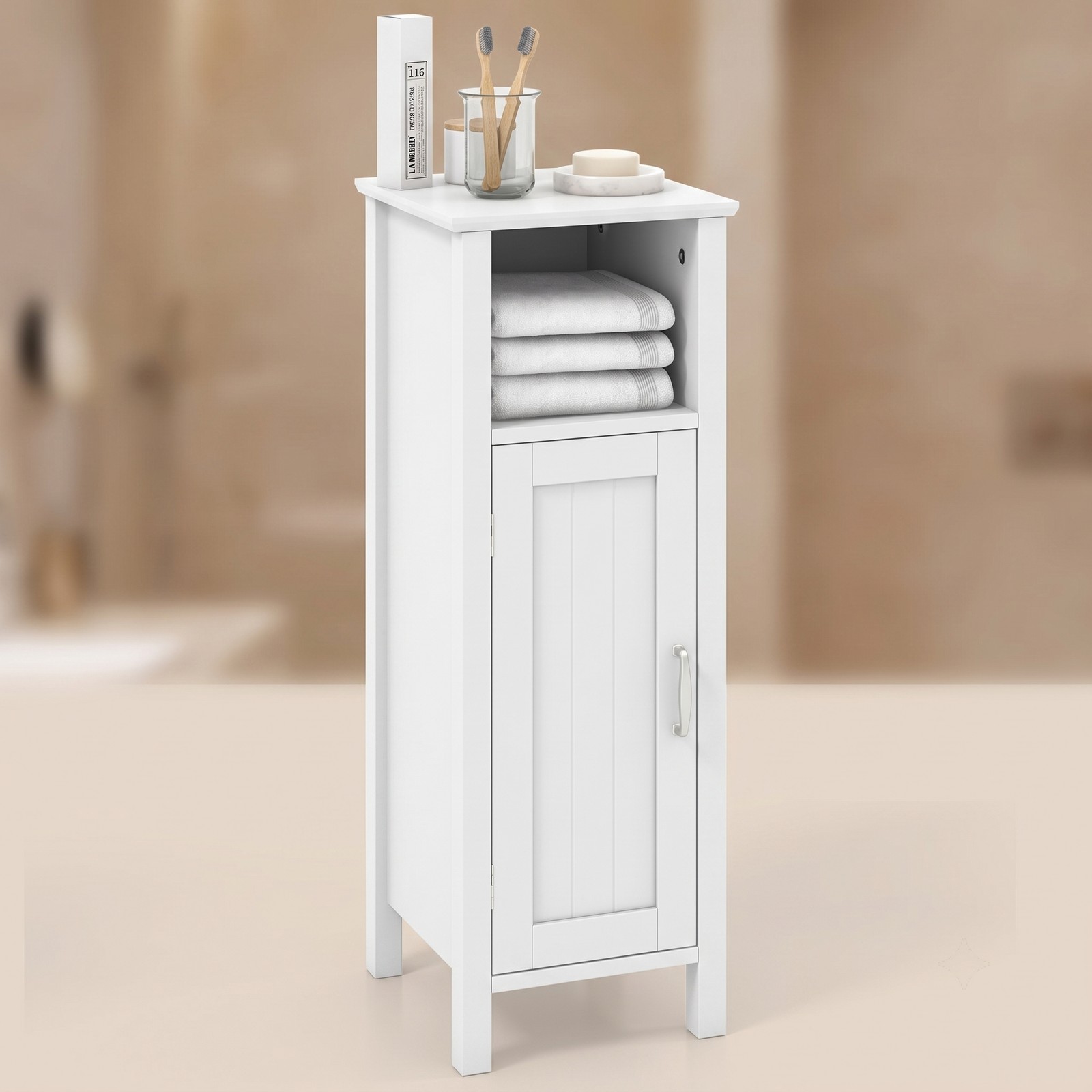 Fenbeli 1-Door Freestanding Bathroom Cabinet with Open Shelf, 2-Tier Floor Storage Organizer and Anti-Tip MDF Corner Cabinet for Bathroom Bedroom Living Room, White