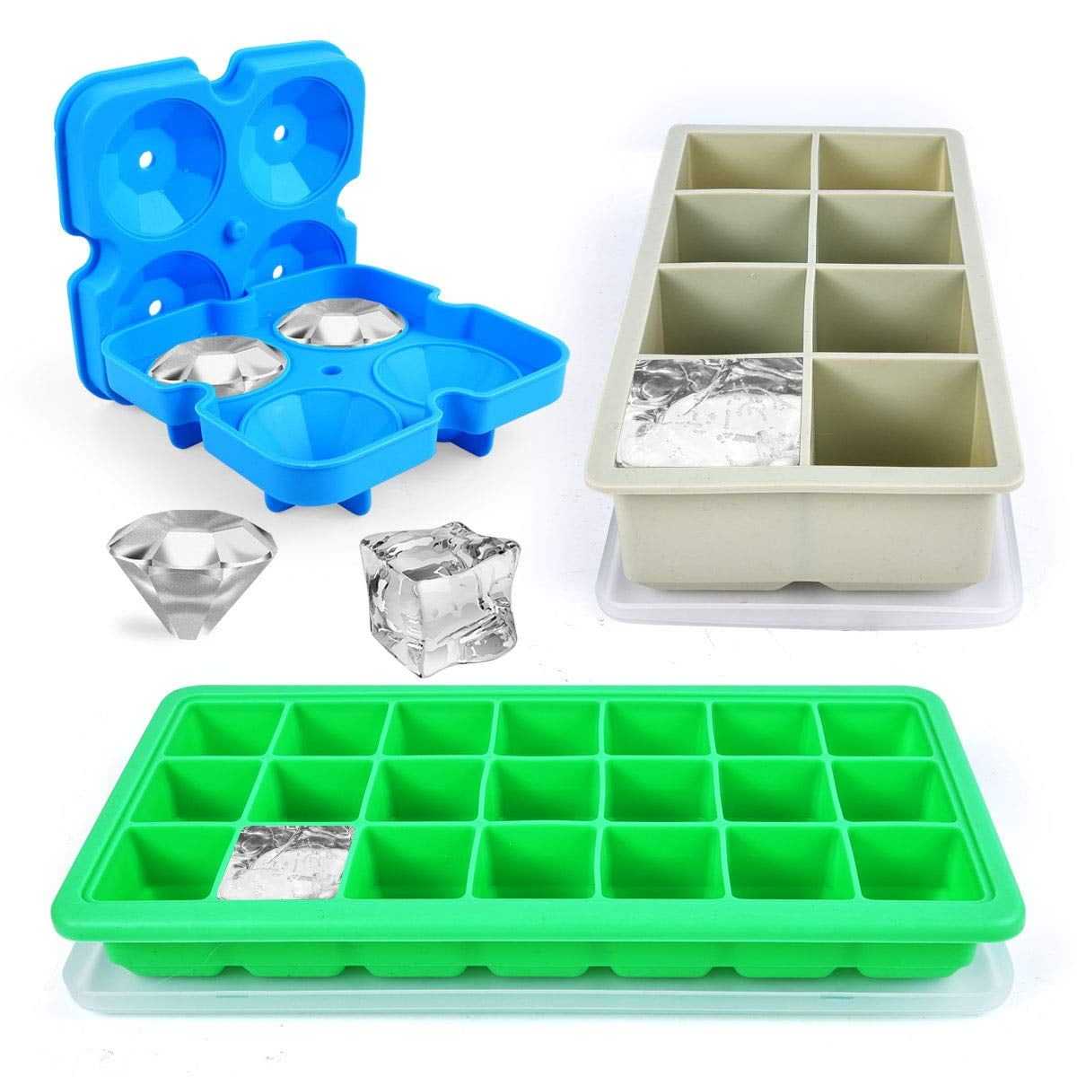 Doctor Hetzner Ice Cube Moulds Tray 3D Diamond Shape Silicone Lid BPA Free 4 Pk 