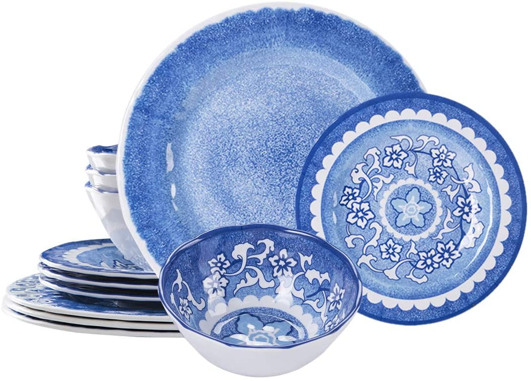 Cocorea Melamine Dinnerware Sets 12 Piece Unbreakable Plates And Bowls Dishwasher Safe Ideal For Outdoor Rv Camping Blue Walmart Com