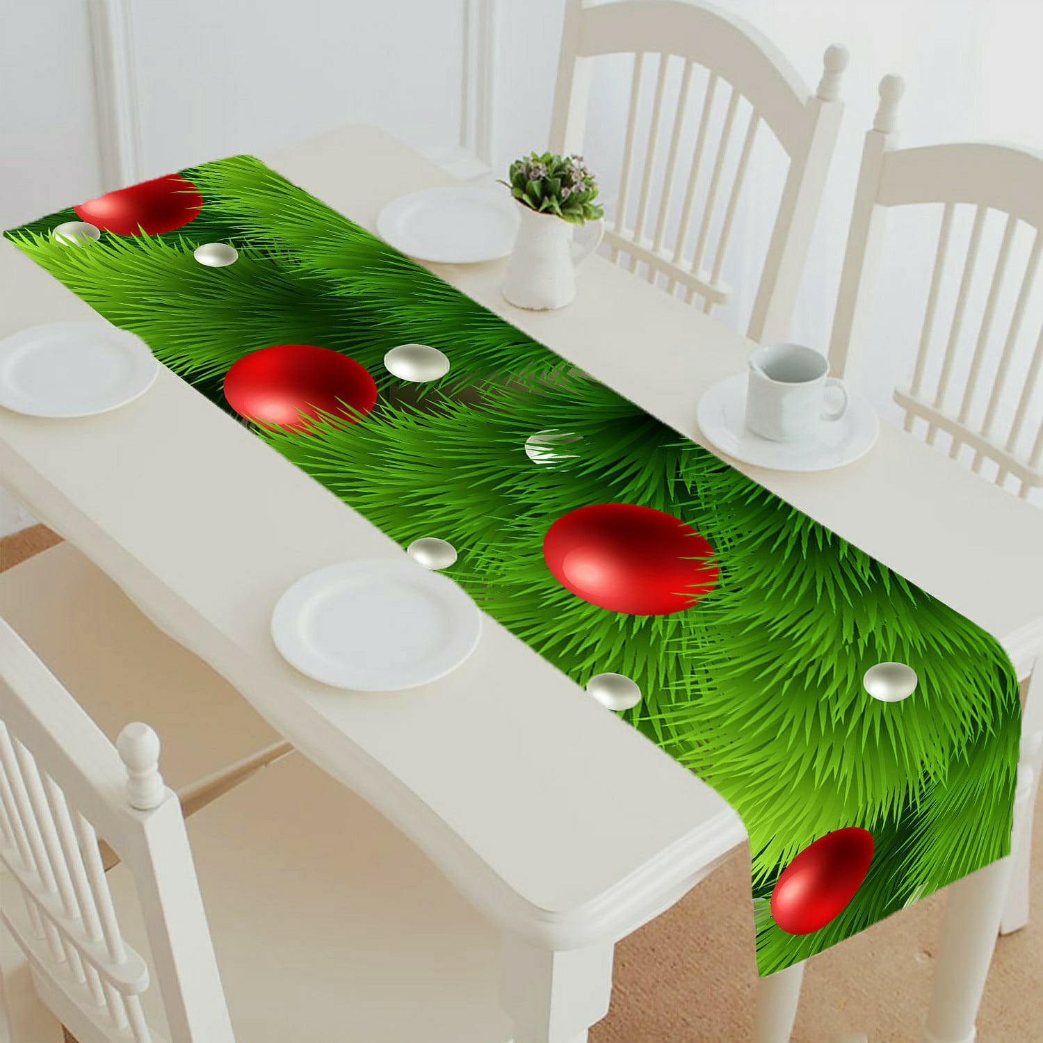 ECZJNT Winter green pine branch baubles Christmas tree table runner