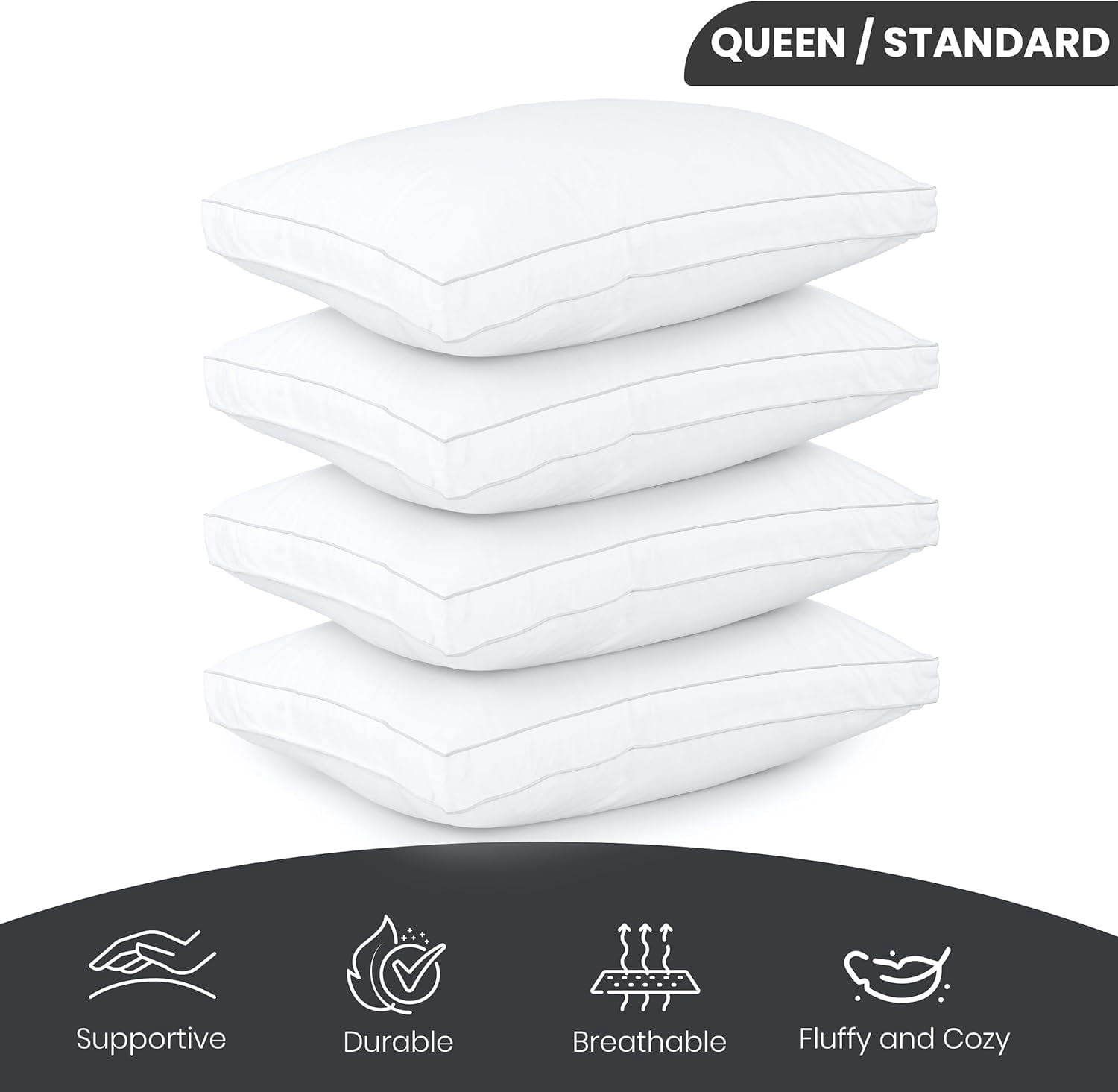 Bed Pillows for Sleeping Queen Size (White), Set of 4, Soft & Fluffy Pillow with Down Alternative Filling, Cooling, Hotel Quality, Gusseted Pillow for Back, Stomach or Side Sleepers