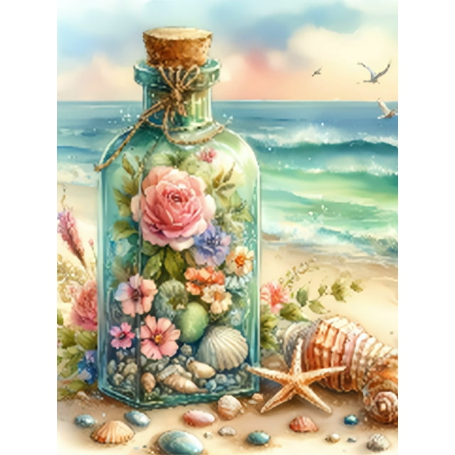 Bottle Shell Cross Stitch Picture of Rhinestones Seaside Embroidery 5D DIY Painting Handmade Hobby,40*50cm, frame not included.,030-AB