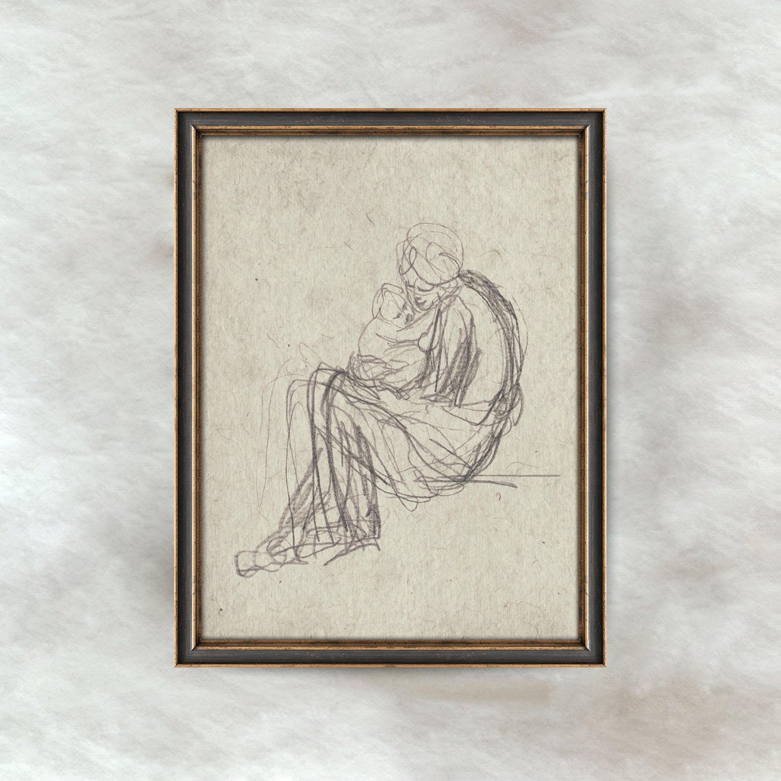 Mother And Child Wall Art Print, Vintage Nursery Figure Sketch