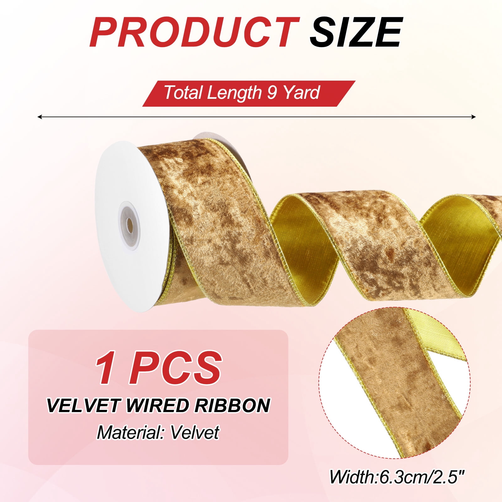 Uxcell 2.5" x 10 Yards Velvet Wired Gold Crushed Ribbon for Bow Decor Gold
