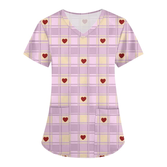 Garbnen Plaid Valentine Scrub Tops Plus Size V Neck Love Print Short Sleeve Stretch Nursing Uniforms for Women with Pocket Workwear Tops for Women S-5XL
