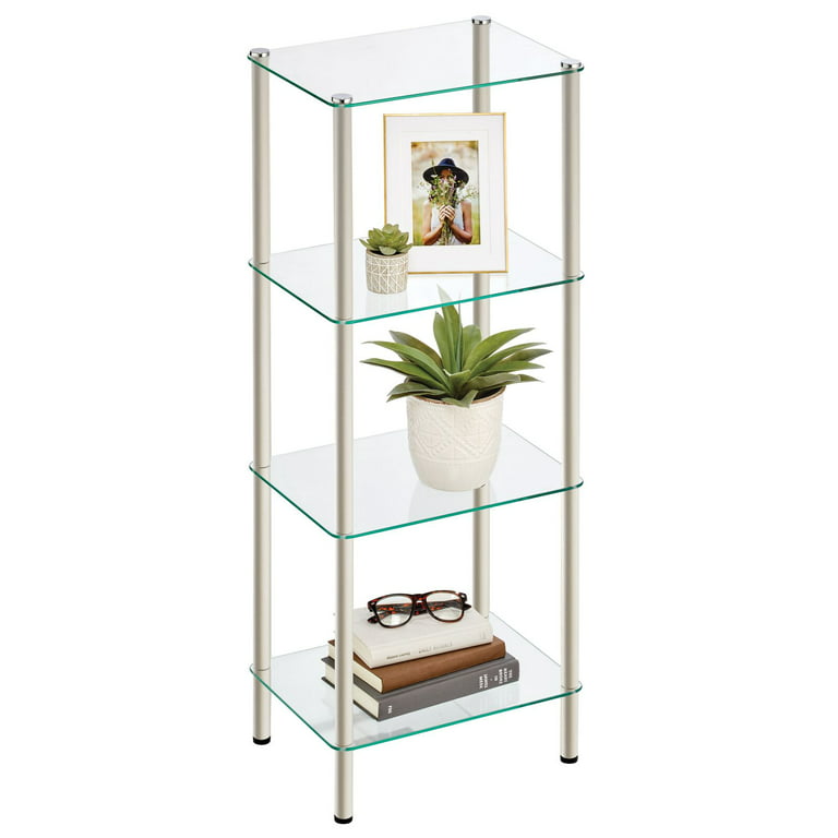 mDesign 4-Tier Glass/Metal Standing Shelf Organizer Display Unit, White/ Clear