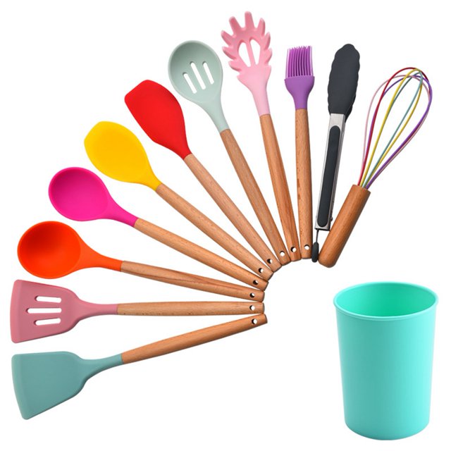 Utensilios de cocina coloridos 12 unids utensilios de cocina conjunto silicona mango de madera colorido juego de utensilios de cocina colorido