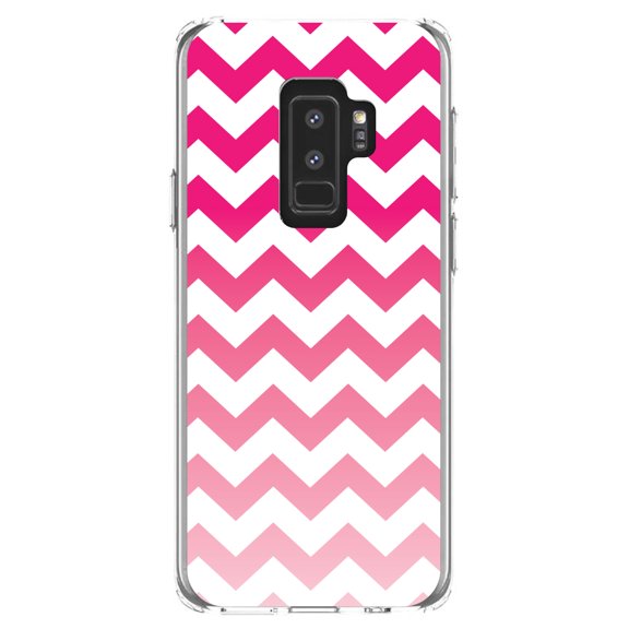 DistinctInk Clear Shockproof Hybrid Case for Samsung Galaxy S9  PLUS (6.2" Screen) - TPU Bumper, Acrylic Back, Tempered Glass Screen Protector - White Pink Fade Ombré Stripes