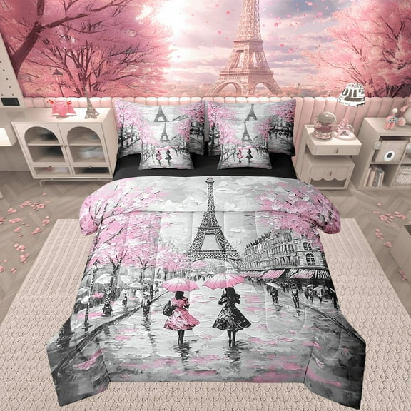 Erosebridal Pink Paris Eiffel Tower Bed in a Bag French Style Comforter Set with Sheets Couple Lover Flower 7 Piece Bedding Set Lightweight Romantic Valentine Bed Set Queen Size