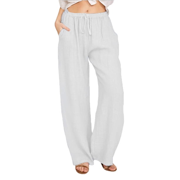 Pantalones de lino y algodón para mujer, de verano, de pierna ancha, informales, holgados, con cordón