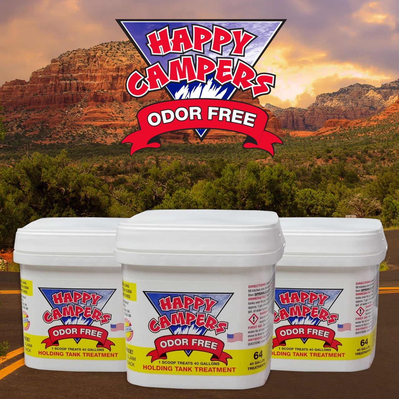 Happy Campers RV Toilet Treatment - Powerful Odor Control, Long-Lasting RV Tank Treatment - Prevents Clogs, Buildup, Sensor Failure - Keeps Holding Tank Clean & Healthy, Odor Free (64 Treatments)