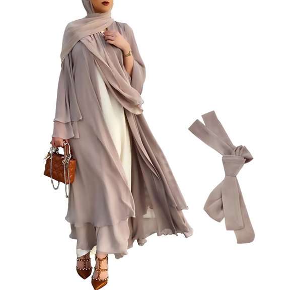 TIERPOP Women Muslim Long Sleeve Flowy Maxi Cardigan Islamic Open Front Kimono Abaya Robe Turkey Kaftan Solid Color Belted Loose Dubai Cover Up Dress