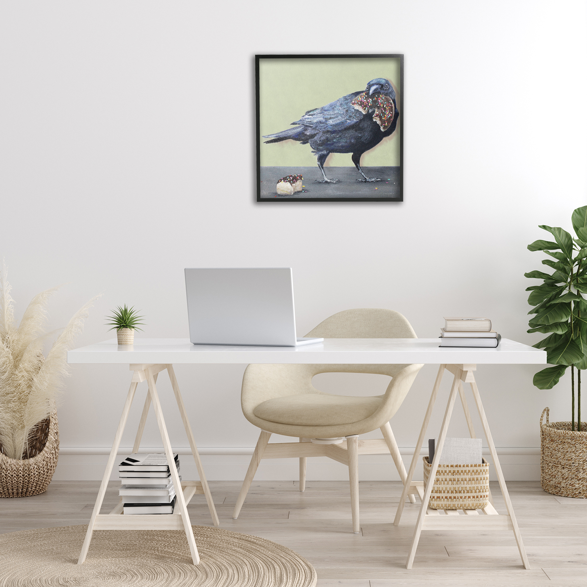 Stupell Industries Crow Eating Donut Food & Beverage Painting Black Framed Art Print Wall Art, 24 x 24