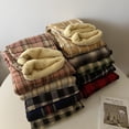 thumbnail image 3 of Pantalones a cuadros para mujer, otoño e invierno, con forro polar, cintura alta gruesa, drapeados, pantalones rectos sueltos, pantalones casuales de pierna ancha de lana de cordero, 3 of 4