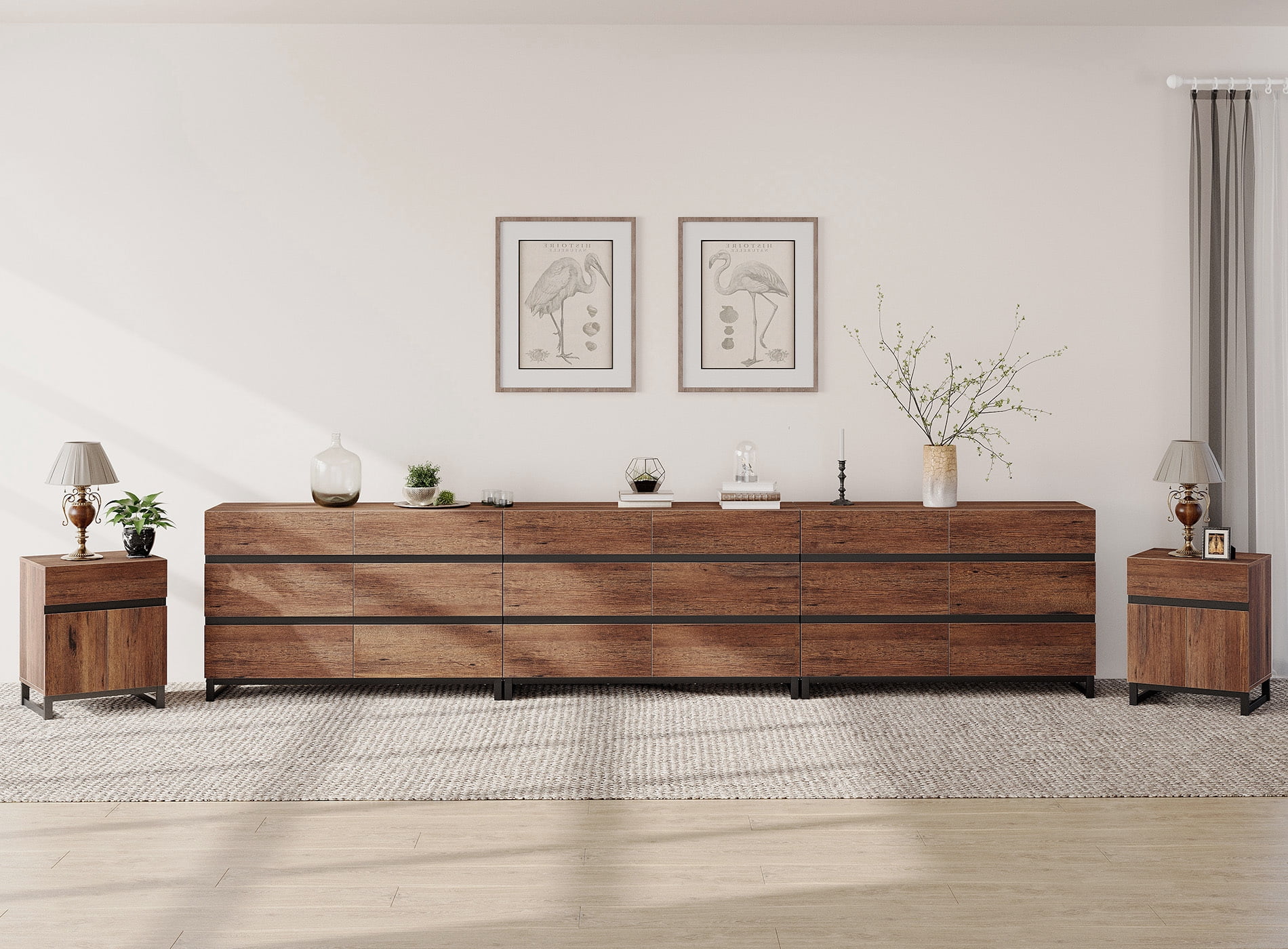 WAMPAT Modern 5-Piece Bedroom Furniture Set, 142 Inch Dresser with 18 Drawers & 2 Nightstands with Drawer and Cabinet Design, Brown