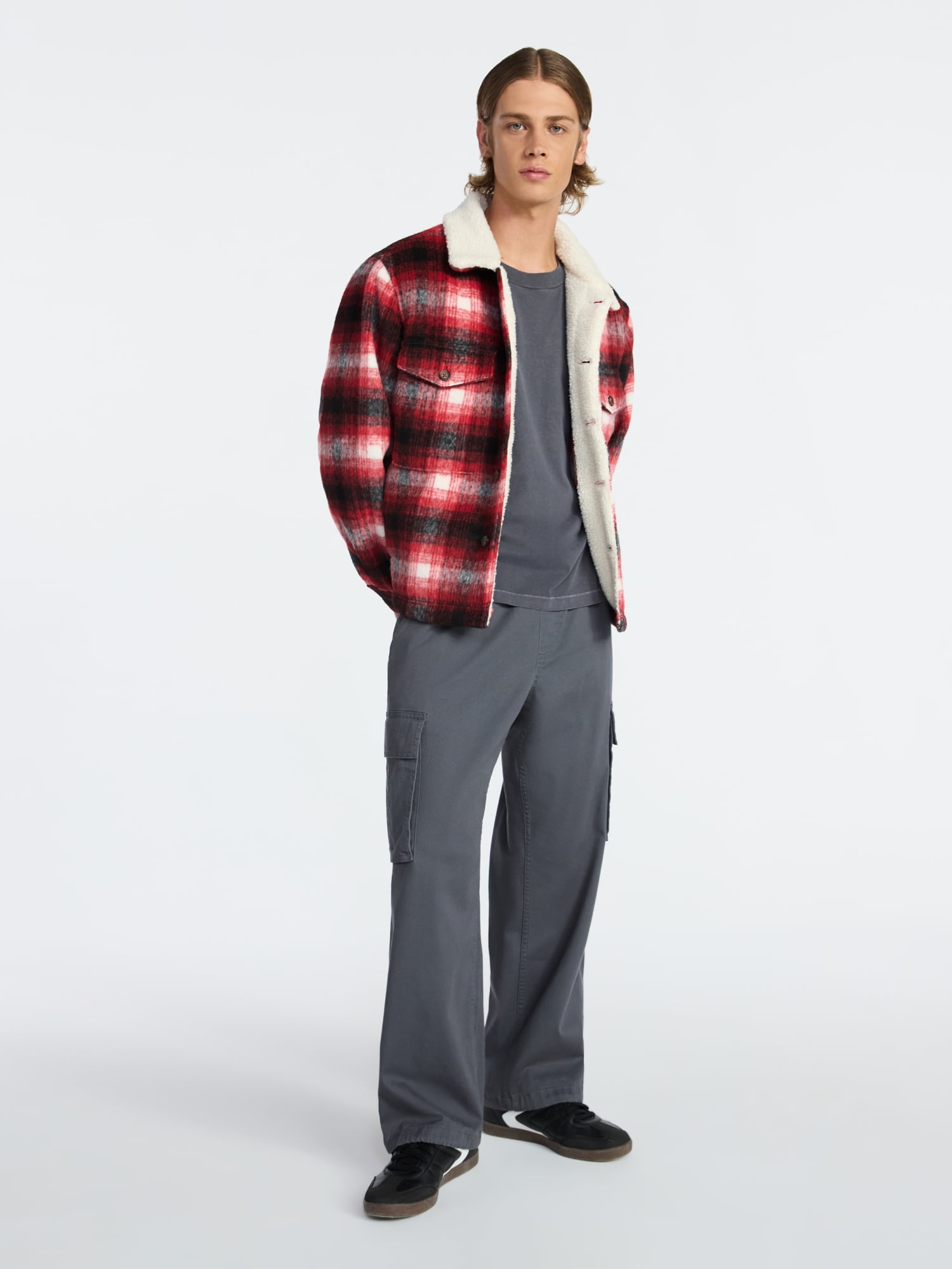 No Boundaries High-Pile Fleece Lined Plaid Overshirt, Men’s and Big Men’s
