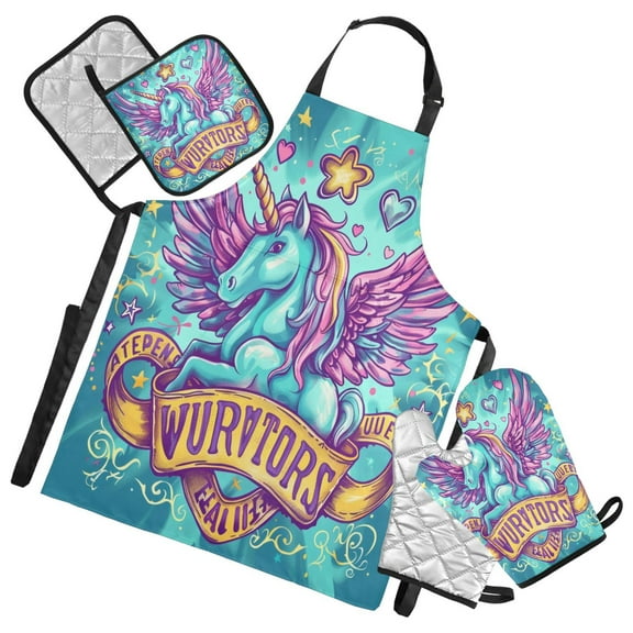 5 Pcs Kitchen Set Heat Resistant Oven Mitts and Non-Slip Pot Holders with Adjustable Cooking Apron Adorable Unicorn Flying