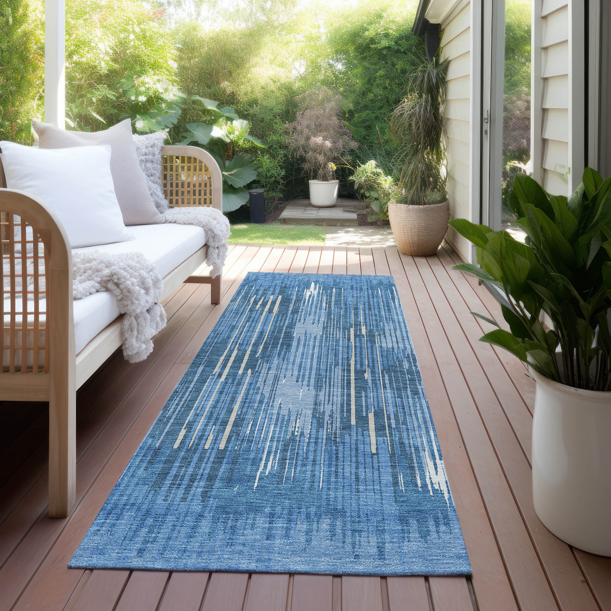 Addison Rugs Chantille Indoor/Outdoor Transitional Stripes Blue Washable Runner Rug, 2'3" x 7'6"