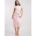thumbnail image 2 of Pink Satin Lace Trim Midi Skirt High Waist Slim Pencil Skirt, 2 of 5