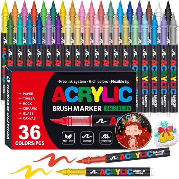 TYB 36 Colors Acrylic Brush Markers, Direct Liquid Ink Paint Pens for Rock Painting, Wood, Canvas, Glass, Ceramic, DIY Crafts