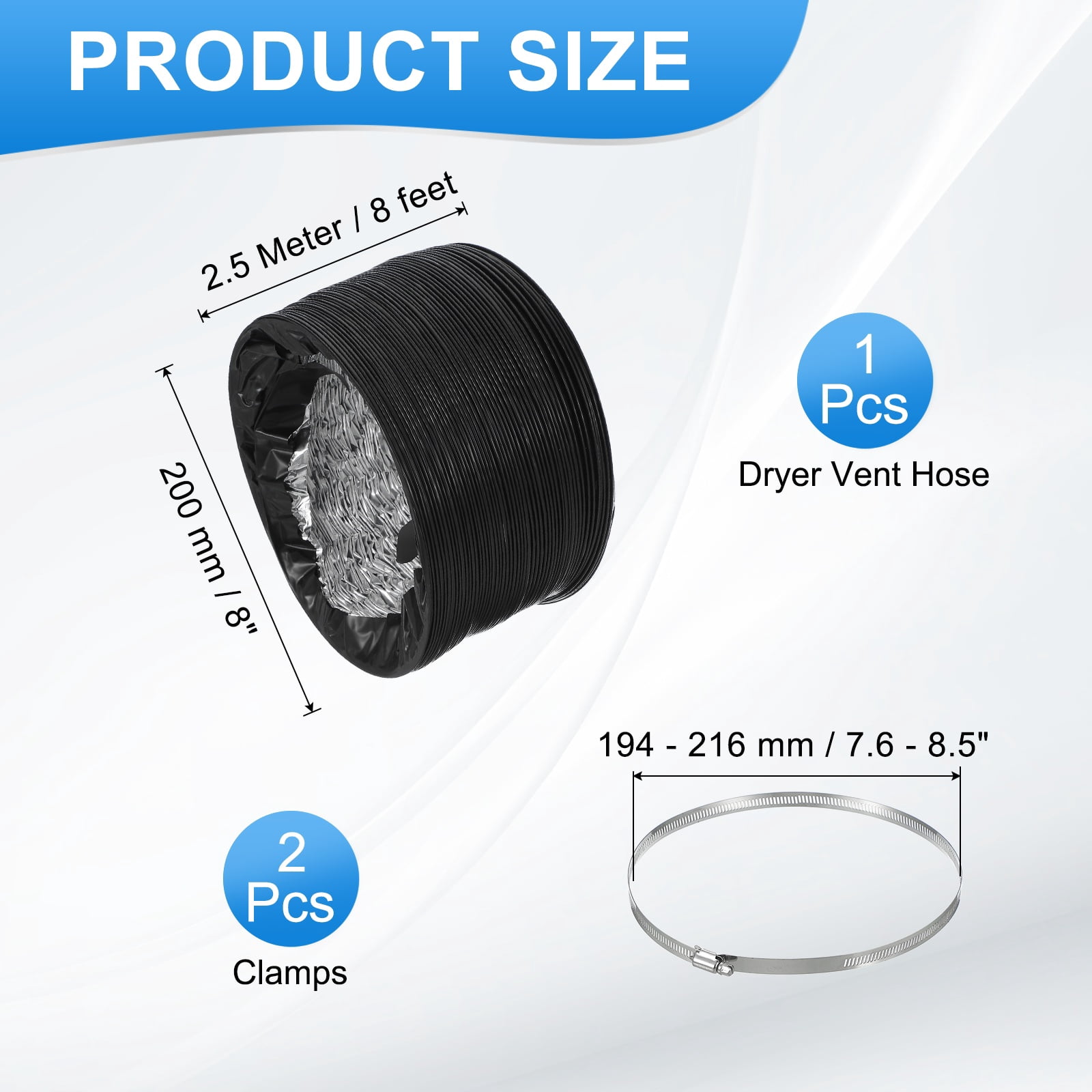 Uxcell 8 Inch Air Duct, 8Ft Length Dryer Vent Hose Flexible Aluminum Ducting for HVAC Include 2 Clamps, Black