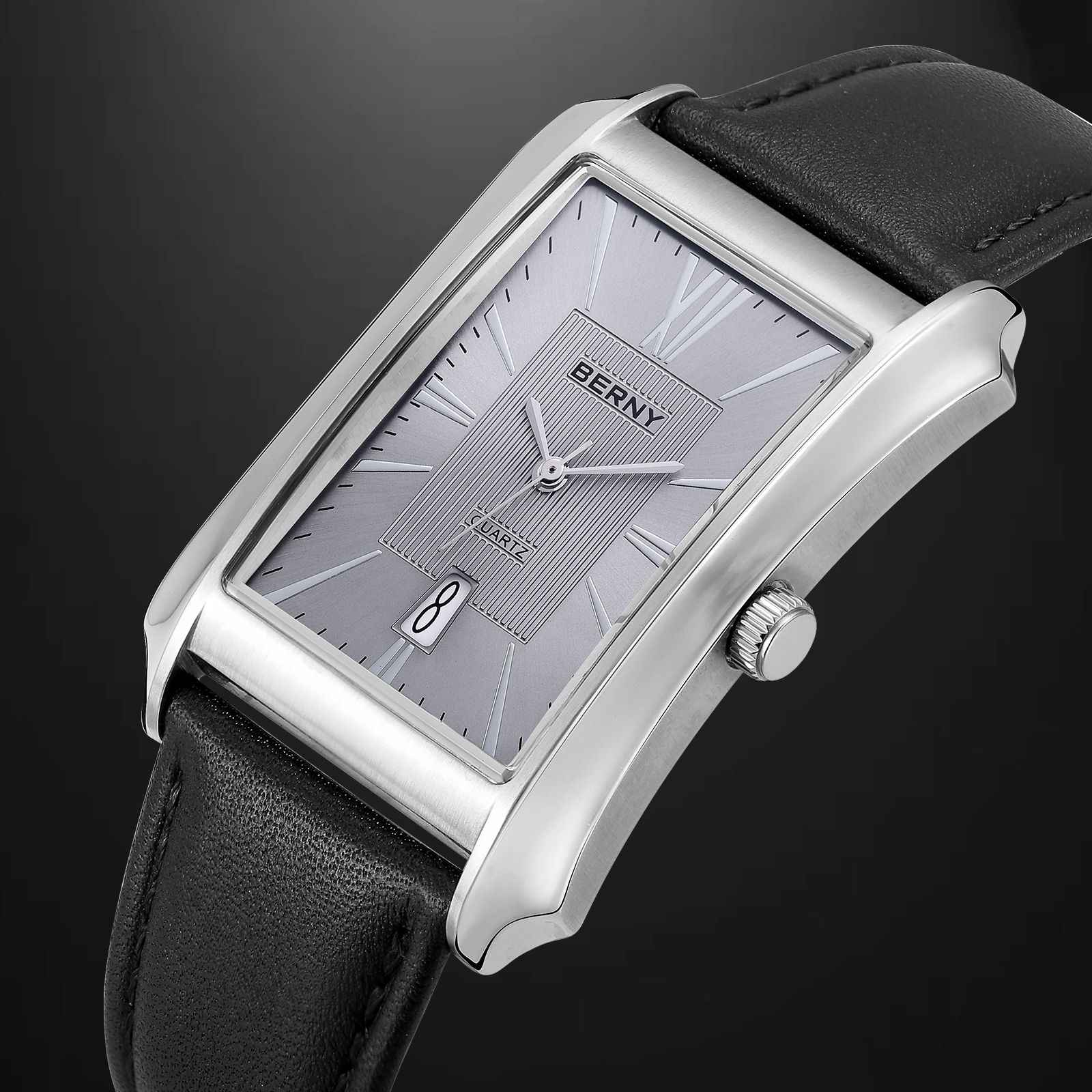 BERNY Men's Leather Watch, Vintage Stainless Steel Rectangular Case Roman Dial Dress Analog Watch with Date Calendar, Waterproof, Classic Business Quartz Wrist Watches for Men (Gray)