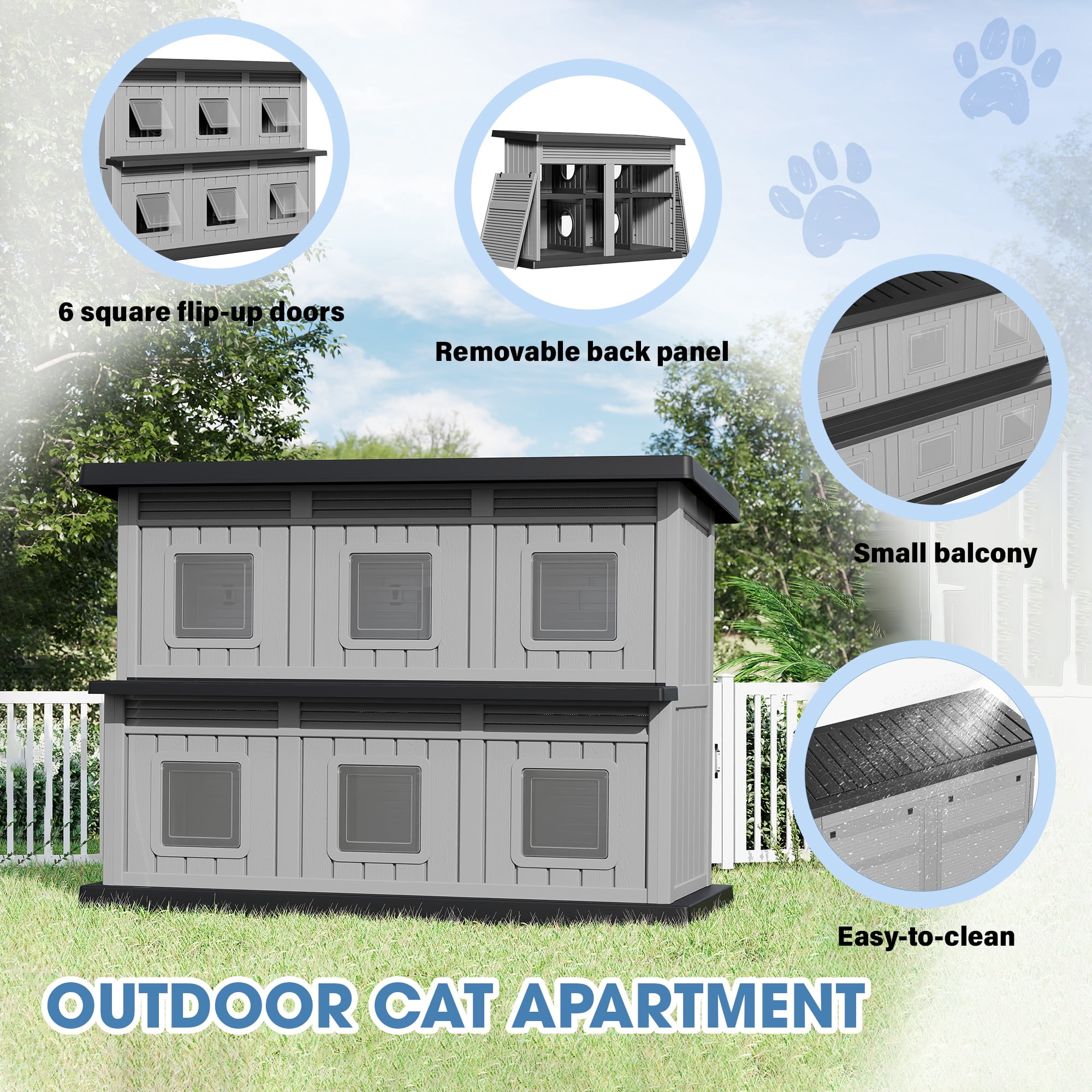 Bifanuo Outdoor Cat House,Double-Decker Resin Cat House,Weatherproof UV Protection Cat Shelter for Feral Cats,Assemble Easily for Home & Yard,Black&Gray