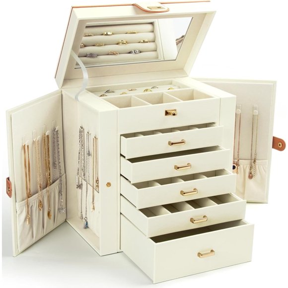 KAMIER Jewelry Box for Women, 6-Layer Large Jewelry Organizer Box with Mirror & 5 Drawers for Rings, Earrings, Necklaces, Bracelets,White