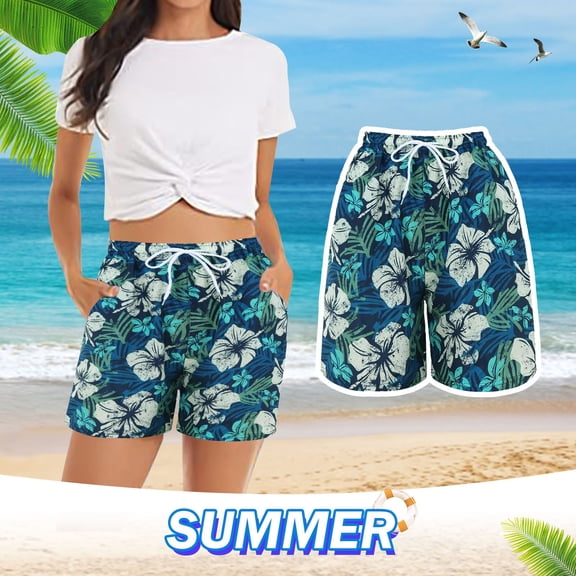 Women's Summer Floral Beach Shorts Casual Elastic Waist Drawstring with Pockets Board Swim Trunks