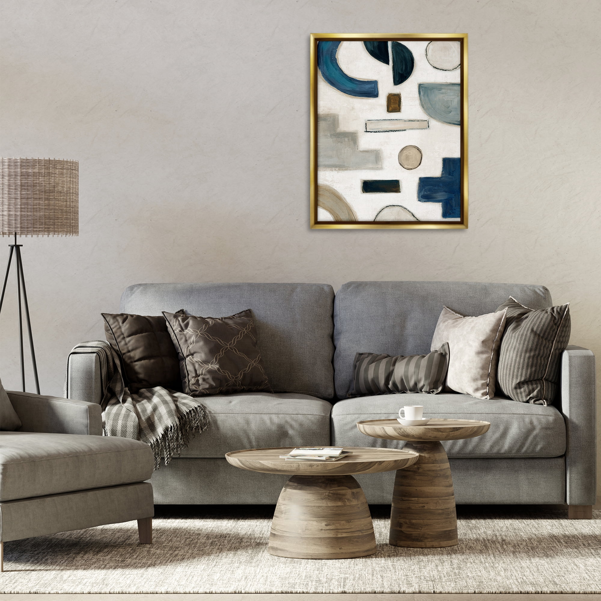 Stupell Industries Neutral Shapes Blue & Beige Abstract Painting Gold Floater Framed Canvas Art Print Wall Art, 25 x 31