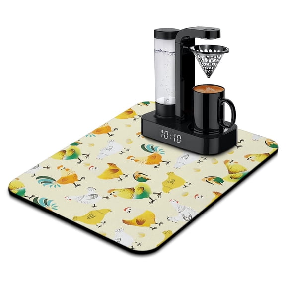 Country Chicken Coffee Maker Mat - Thick Non-Slip Drying Pad with Retro Rooster Art