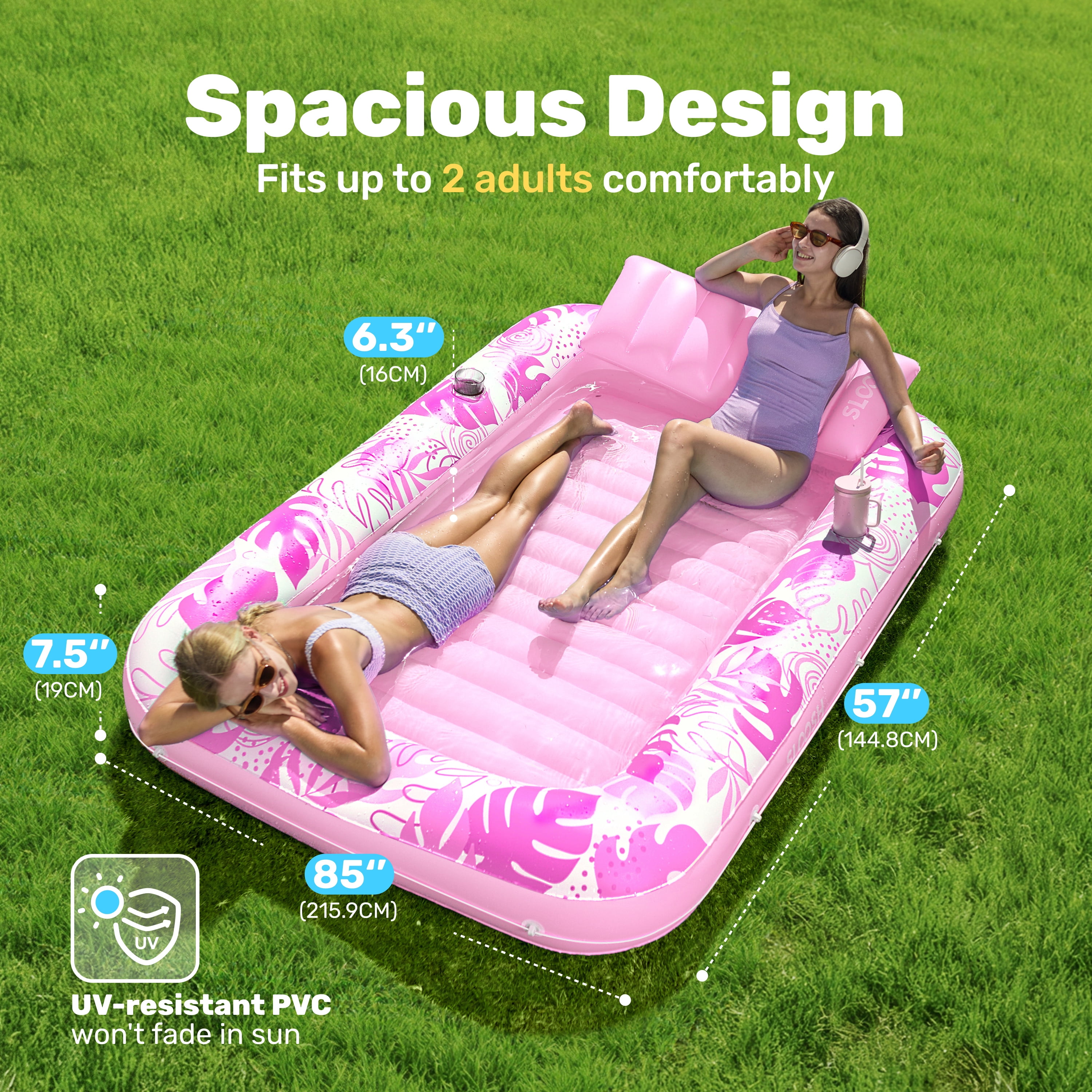 SLOOSH Inflatable Tanning Pool Lounger Float, 85" x 57" Extra Large Suntan Sun Tan tub for Adults, Tanning chair, Bed Blow up, Raft Lounge Floatie,XL-Blushing Pink