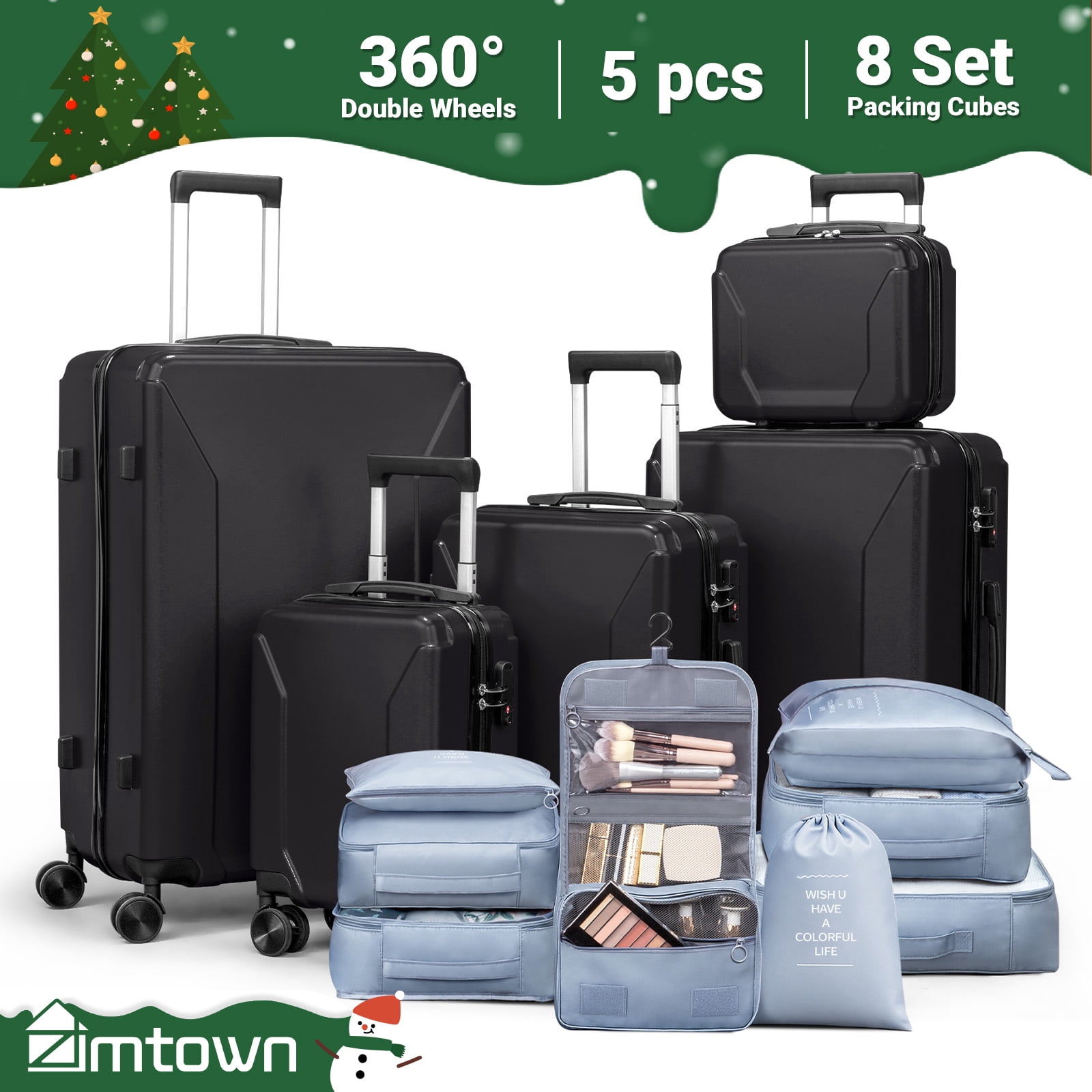 Zimtown 5-Piece Luggage Set with 8 Packing Cubes, Hard Shell Suitcase Set with Spinner Wheels Built-in TSA Lock, Black