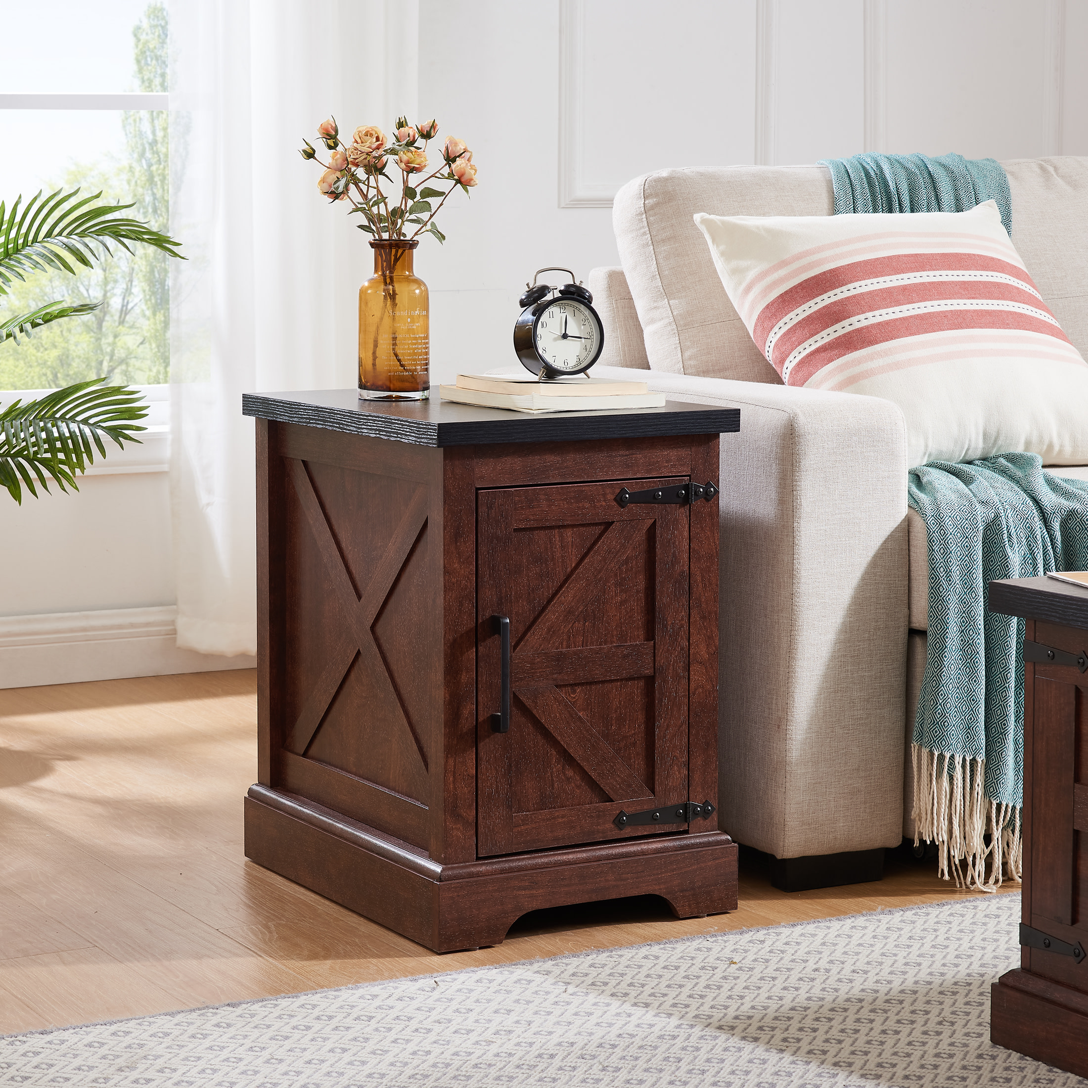 Noble House Windsor Farmhouse End Table, Barn Door Nightstand with Adjustable Shelf, Rustic Side Table, Oak
