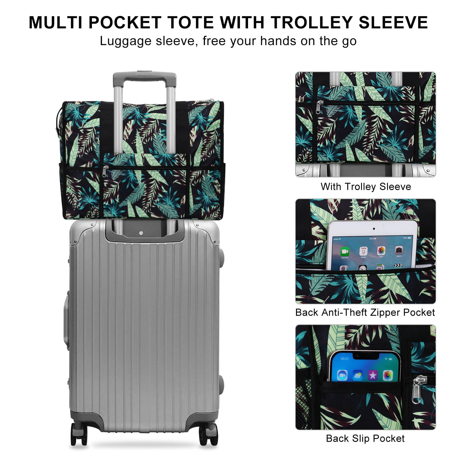 HAWEE Womens Large Utility Tote Bags for Work with Laptop Pocket and Luggage Sleeve Top Zipper Closure, Green Leaf