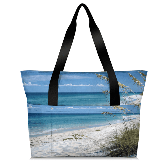 Jiaoprinted Tropical Beach Tote Bag for Women, Lightweight Waterproof Large Shoulder Handbag with Zipper for Travel Gym Work Shopping, Summer Seaside Scene Ocean