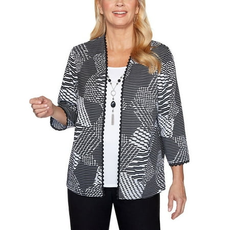 Alfred Dunner Women's Riverside Drive Texture 2Fer Knit Top - Petite Size, Black/White, Medium Petite