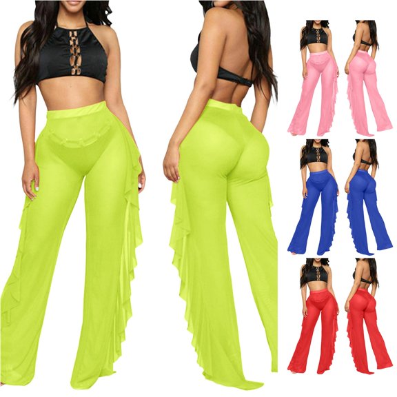 Tanghaowl Women's Pants, Women Mesh Ruffle Trim Cover Up Pants Beach Wrap Bikini Shiny Covers For Swimwear Casual Green XL