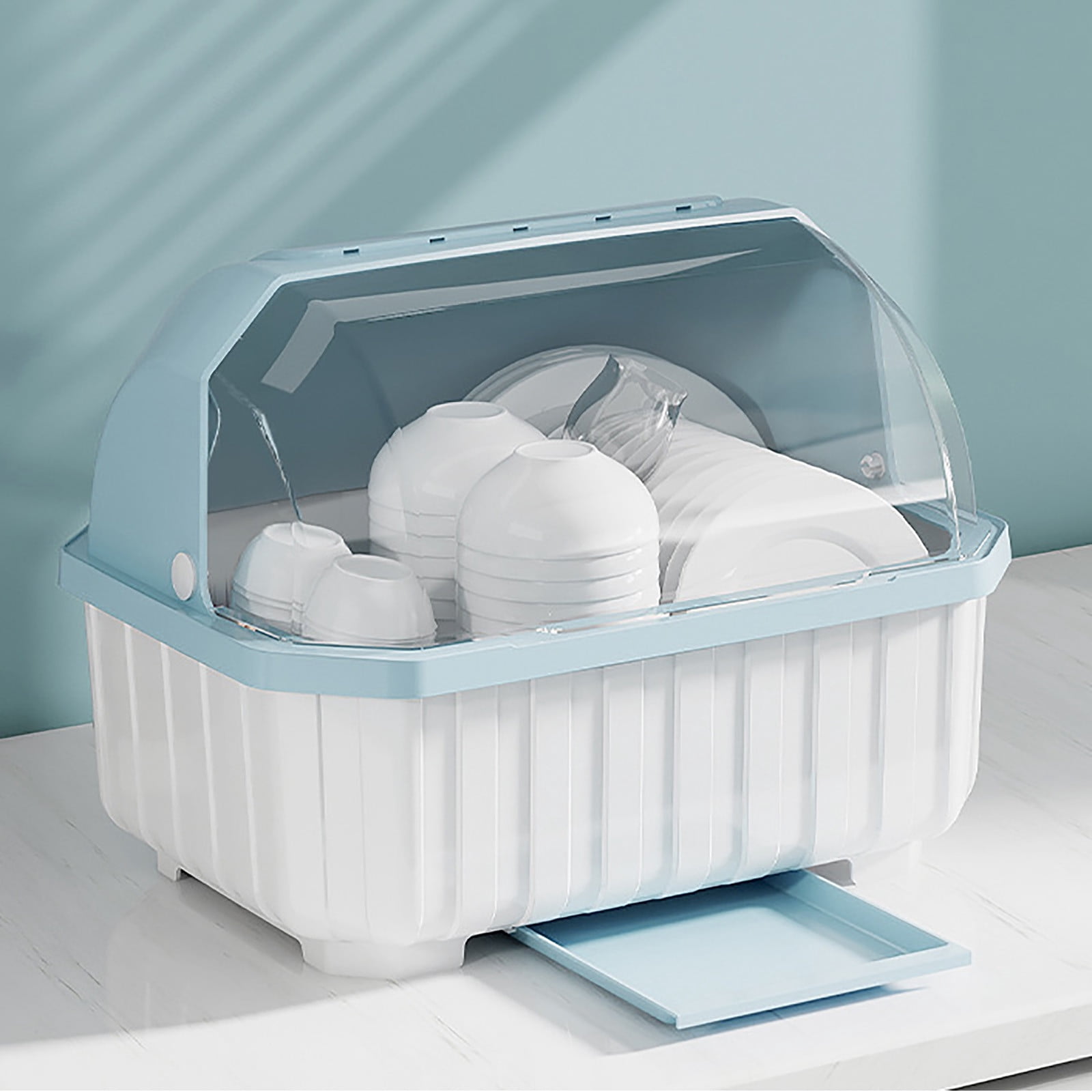 Medium Size Dish Drying Rack and Drain Board with Lid Cover,13.7" x 10.2" x 11",Kitchen Plate Cup Tray Cutlery Drainer(Sky Blue)
