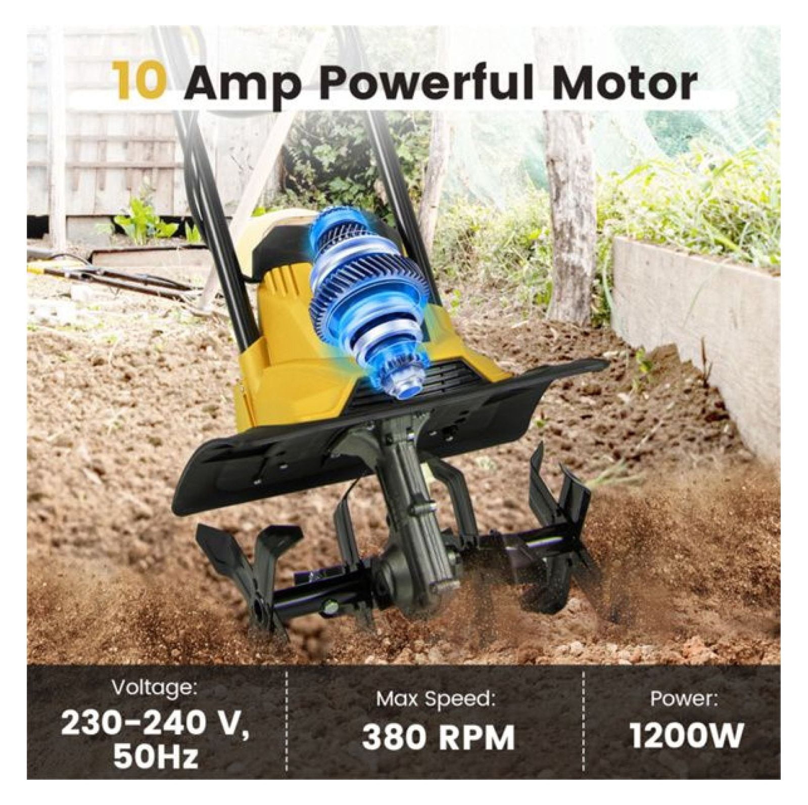 10 Amp Electric Tiller - 380 RPM Garden Cultivator, 14” Width, Foldable Handle