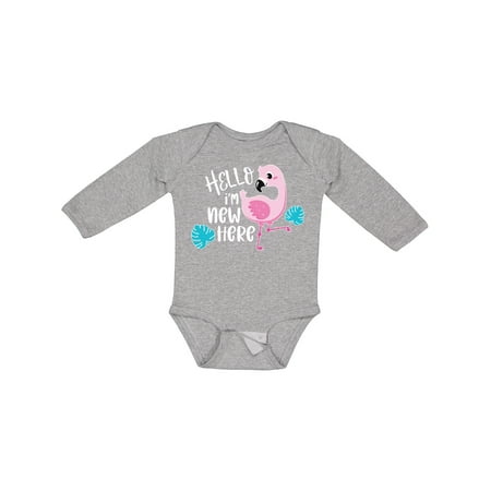 

Inktastic Baby Hello I m New Here with Cute Baby Flamingo Gift Baby Boy or Baby Girl Long Sleeve Bodysuit