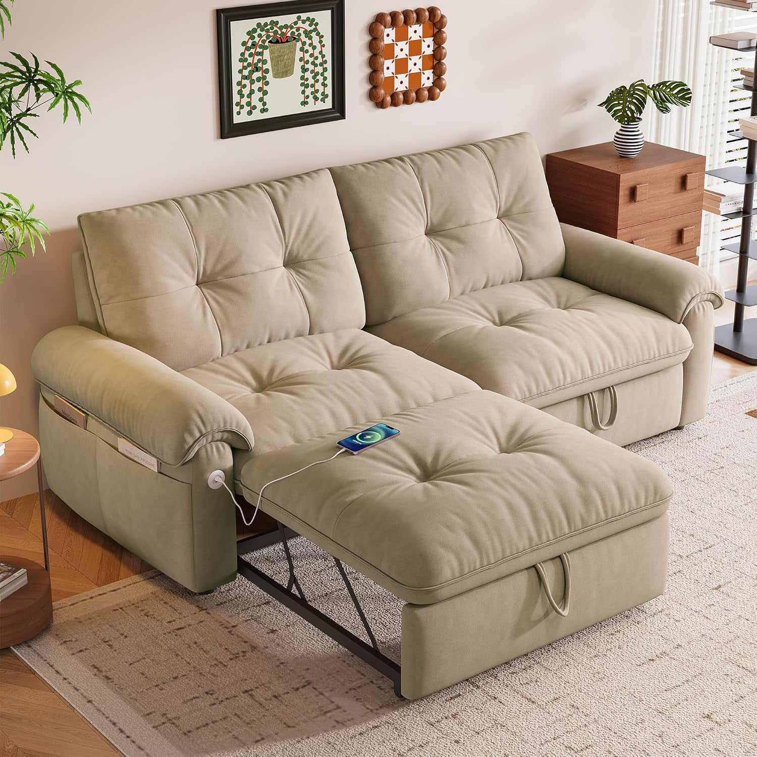 77" Queen Size Convertible Sleeper Sofa, 3-in-1 Chenille Couch Bed with Cup Holders & USB Ports for Living Room, Bedroom & Small Spaces