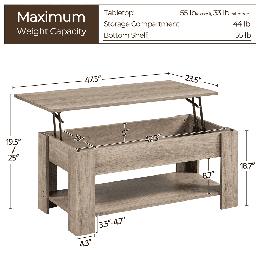 Yaheetech 47.5in Wooden Lift Top Coffee Table with Hidden Compartment for Living Room, Gray
