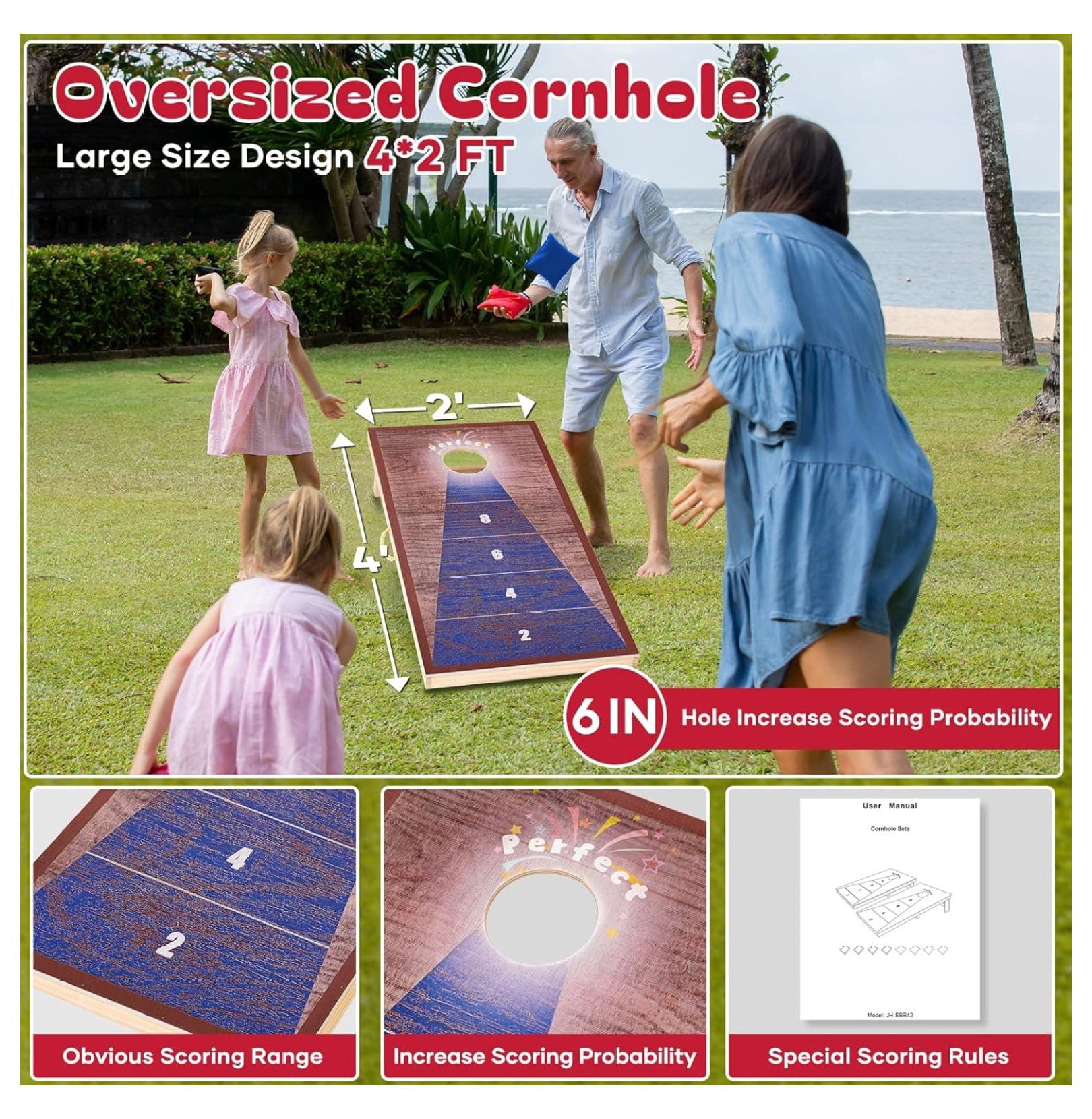 Cornhole Board Set, 4 x 2 FT Corn Hole Games for Adults, Corn Hole Boards Set with 9 Bean Bags, Travel Case, Corn Hole Toss Game for Outside Activities