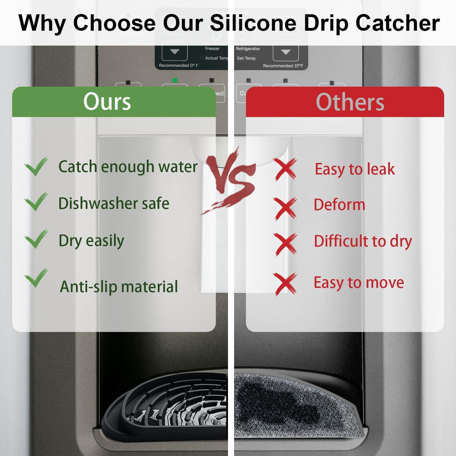 JJEAN-Silicone Refrigerator Drip Tray Catcher 2 packs.Protects Ice and Water Dispenser Pan From Spills,Fit Refrigerator Water Tray, Recycle and Dry Quickly (Semi-Circular, Black+Grey)