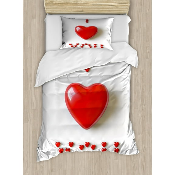 I Love You Twin Size Duvet Cover Set, 3D Illustration of a Heart Lays in Between Words Made with Heart Shaped Font, Decorative 2 Piece Bedding Set with 1 Pillow Sham, Red White, by Ambesonne